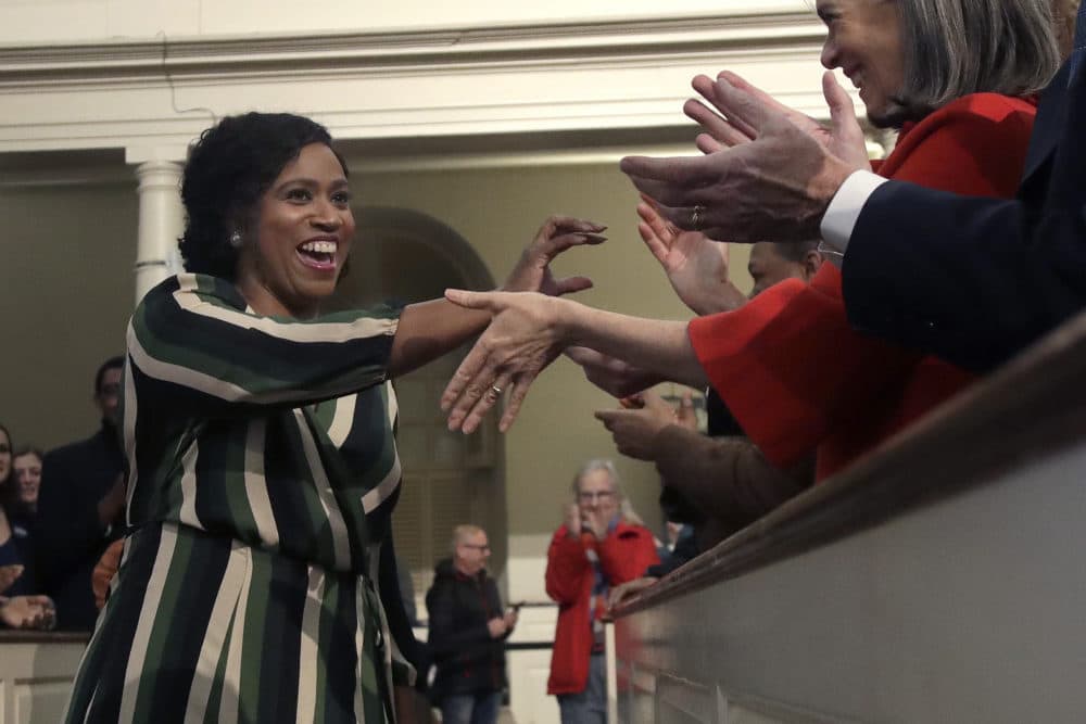 In this Dec. 31, 2019 photo, Rep. Ayanna Pressley, D-Mass., arrives for a campaign event where she introduced Democratic presidential candidate Sen. Elizabeth Warren, D-Mass., at the Old South Meeting House in Boston. (Elise Amendola/AP)