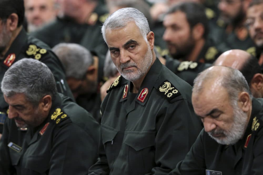 In this Sept. 18, 2016, file photo provided by an official website of the office of the Iranian supreme leader, Revolutionary Guard Gen. Qassem Soleimani, center, attends a meeting in Tehran, Iran. (Office of the Iranian Supreme Leader via AP, File)