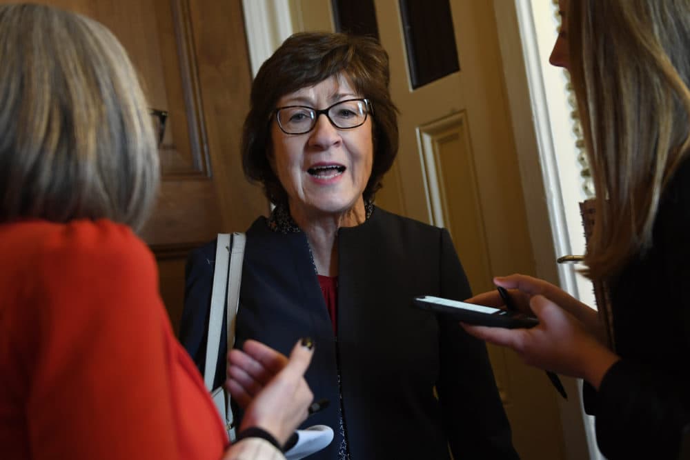 In this Jan. 15, 2020, photo, Sen. Susan Collins, R-Maine, talks to reporters on Capitol Hill in Washington. In the dawn of what may be her toughest reelection fight, veteran Collins has parachuted into familiar terrain -- the pressure-packed middle of an issue, this time the impeachment of President Donald Trump. (Susan Walsh/AP)