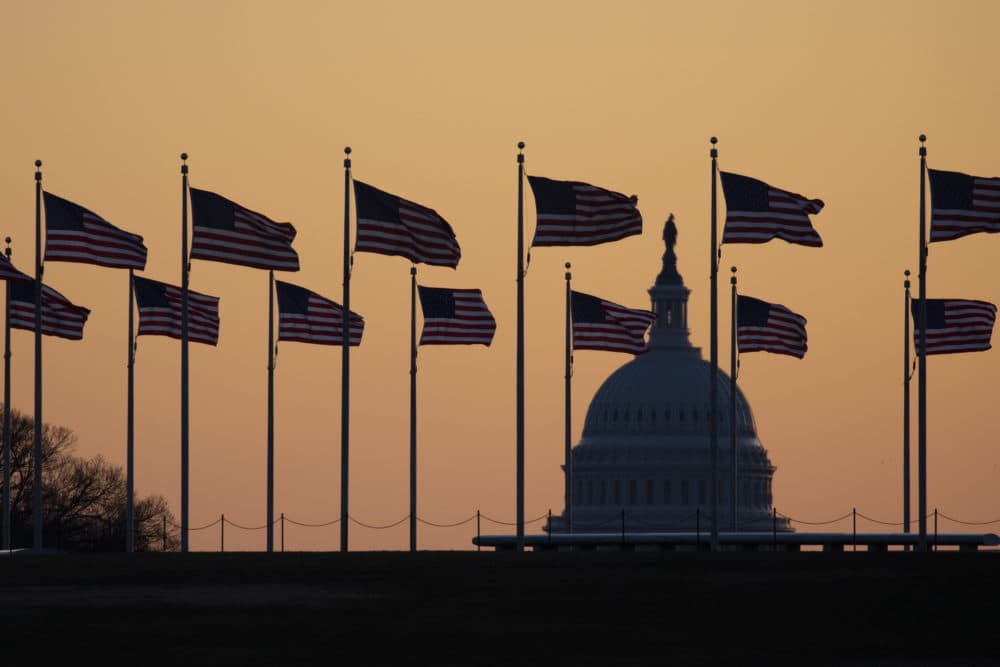 American flags blow in wind around the Washington Monument with the U.S. Capitol in the background at sunrise on Monday, Jan. 20, 2020, in Washington. The impeachment trial of President Donald Trump will resume in the U.S. Senate on Jan. 21. (Jon Elswick/AP)