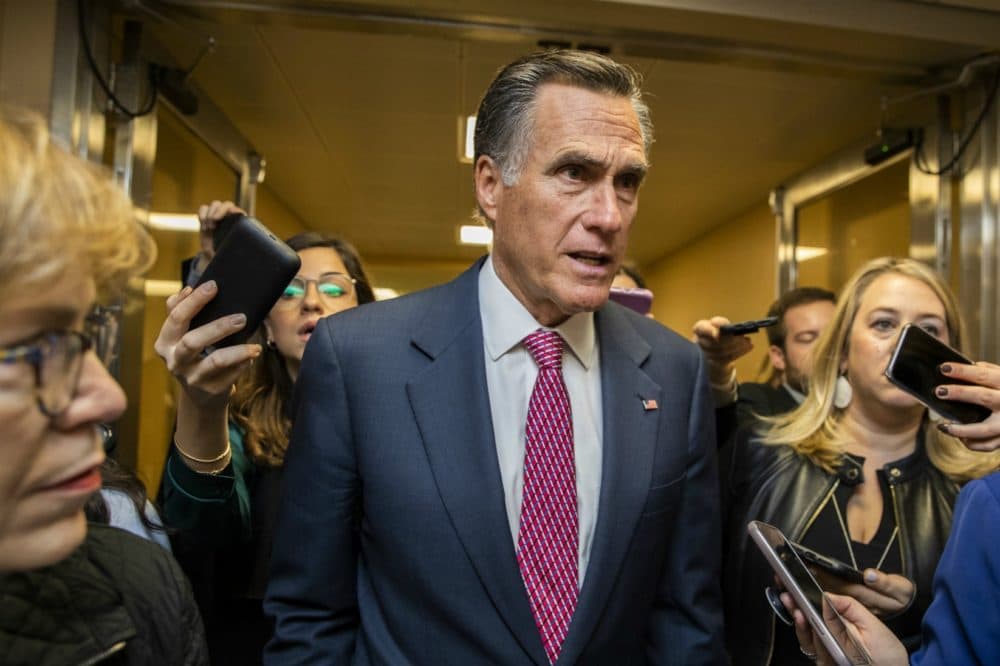 Sen. Mitt Romney, R-Utah, speaks to reporters as he arrives at the Capitol in Washington, Monday, Jan. 27, 2020, during the impeachment trial of President Donald Trump.  (Manuel Balce Ceneta/AP)