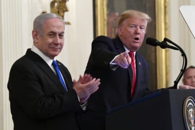 President Donald Trump speaks during an event with Israeli Prime Minister Benjamin Netanyahu in the East Room of the White House in Washington, Tuesday, Jan. 28, 2020. (Susan Walsh/AP)