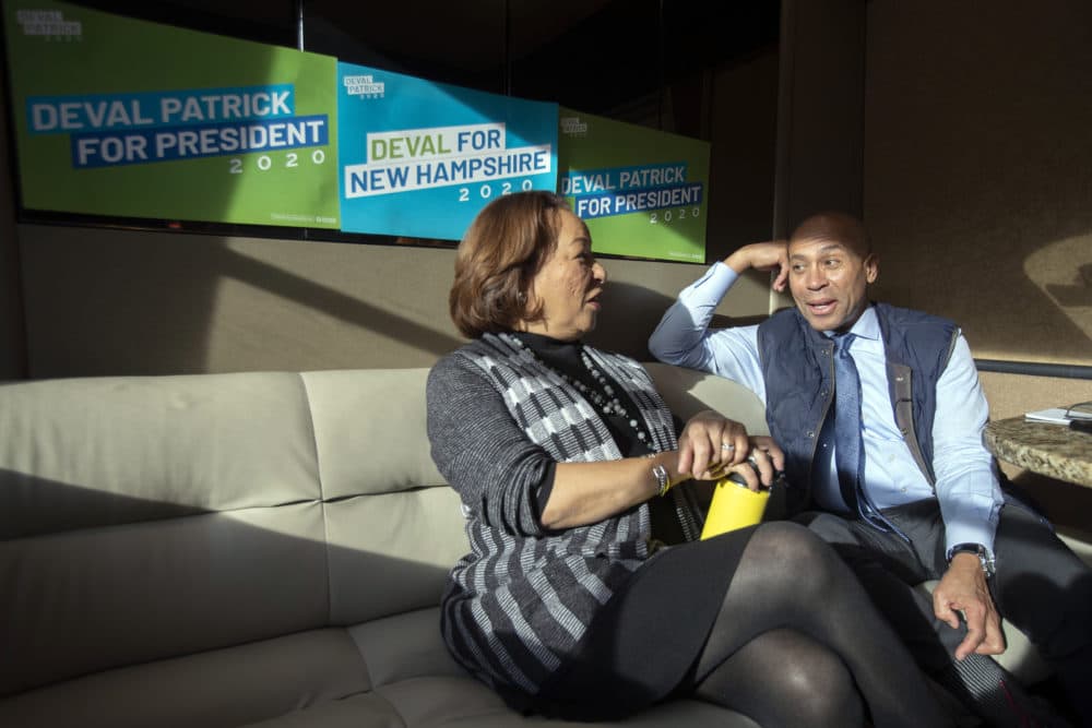 Democratic presidential candidate former Massachusetts Gov. Deval Patrick, right, and his wife Diane Patrick ride the campaign bus during the first day of the &quot;Meet the Moment&quot; bus tour, Thursday,, in Londonderry, N.H. (Mary Altaffer/AP)