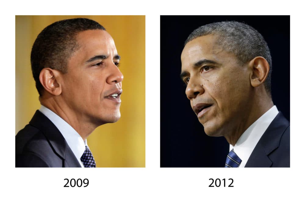 FILE - The presidency is a notoriously stressful job, which could help explain how much President Barack Obama's hair grayed between 2009 and late 2012, when he was 51. (AP Photo, File)