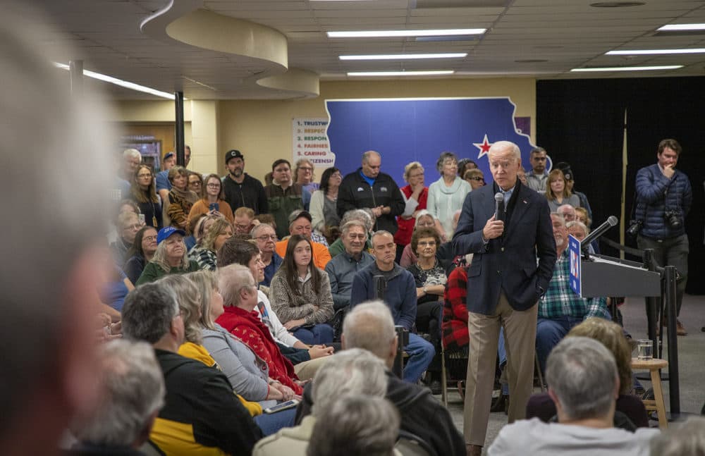 Former Vice President Joe Biden campaigns for president at Tilford Elementary School in Vinton, Iowa on Jan. 4, 2020. (Clay Masters/Iowa Public Radio)