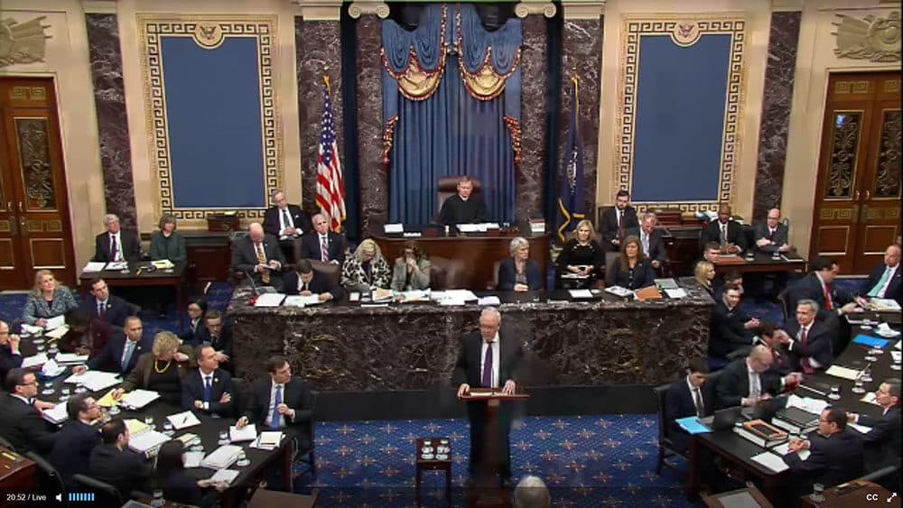 In this screengrab taken from a Senate Television webcast, Legal Counsel for President Donald Trump Ken Starr speaks during impeachment proceedings against U.S. President Donald Trump in the Senate at the U.S. Capitol on January 27, 2020 in Washington, DC. (Senate Television/Getty Images)