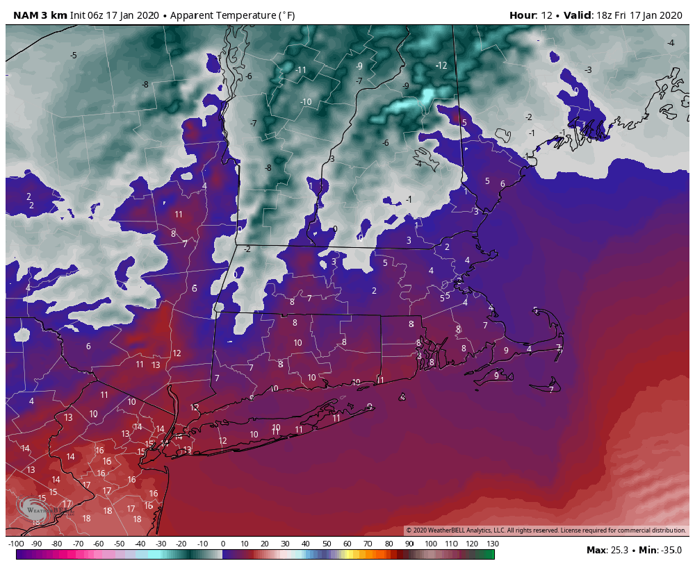 Wind Chill values above during Friday afternoon will be low. (Courtesy WeatherBell)