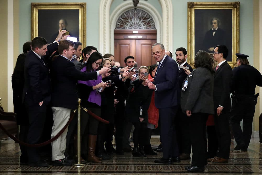 Senate Minority Leader Chuck Schumer (D-NY) talks to reporters who are restricted to a pen on the second floor of the U.S. Capitol during a break in the impeachment trial of President Donald Trump on January 21, 2020 in Washington, DC. Senators will vote Tuesday on the rules for the impeachment trial, which is expected to last three to five weeks. (Chip Somodevilla/Getty Images)