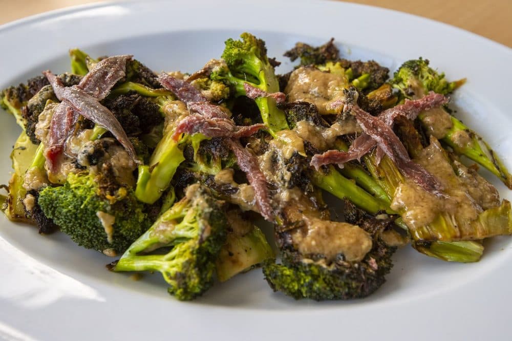Broccoli salad with an anchovy miso dressing. (Jesse Costa/WBUR)