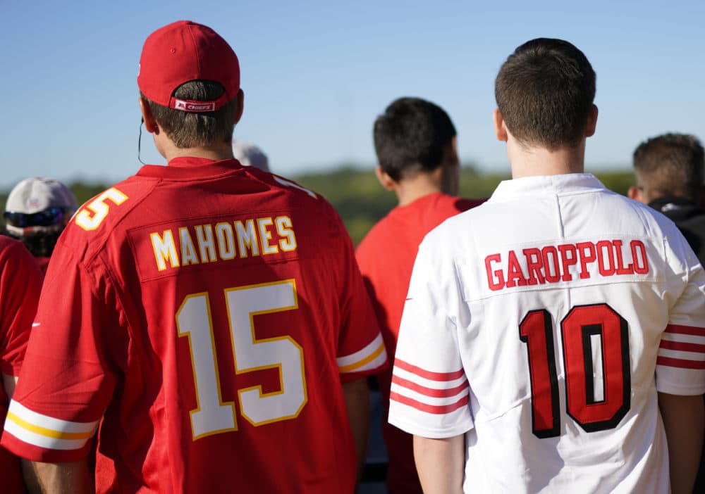 Fans wearing the jerseys of San Francisco 49ers quarterback Jimmy Garoppolo and Kansas City Chiefs quarterback Patrick Mahomes (Nati Harnik/AP)