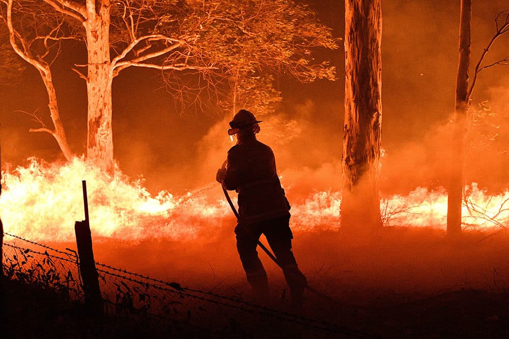 This picture taken on December 31, 2019 shows a firefighter hosing down trees and flying embers in an effort to secure nearby houses from bushfires near the town of Nowra in the Australian state of New South Wales. (SAEED KHAN/AFP via Getty Images)