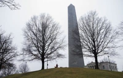 A woman walks her dogs along a path in Bunker Hill Monument National Park in Charlestown on January 22, 2018. (Jesse Costa/WBUR)