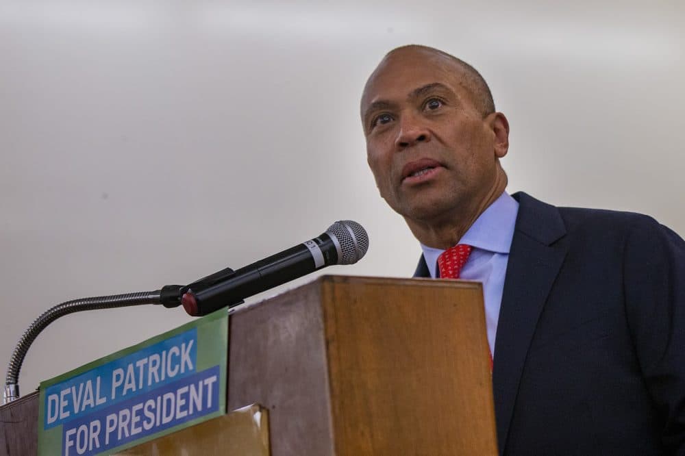 Deval Patrick speaking to supporters at the Prince Hall Grand Lodge in Dorchester on Jan. 22. (Jesse Costa/WBUR)