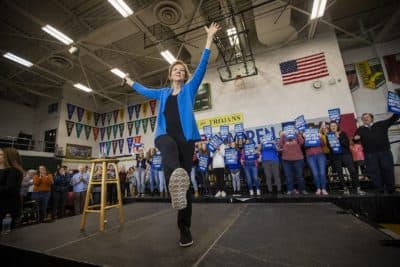 Presidential candidate Elizabeth Warren finishes her campaign event at West High School in Iowa City on Saturday. (Jesse Costa/WBUR)