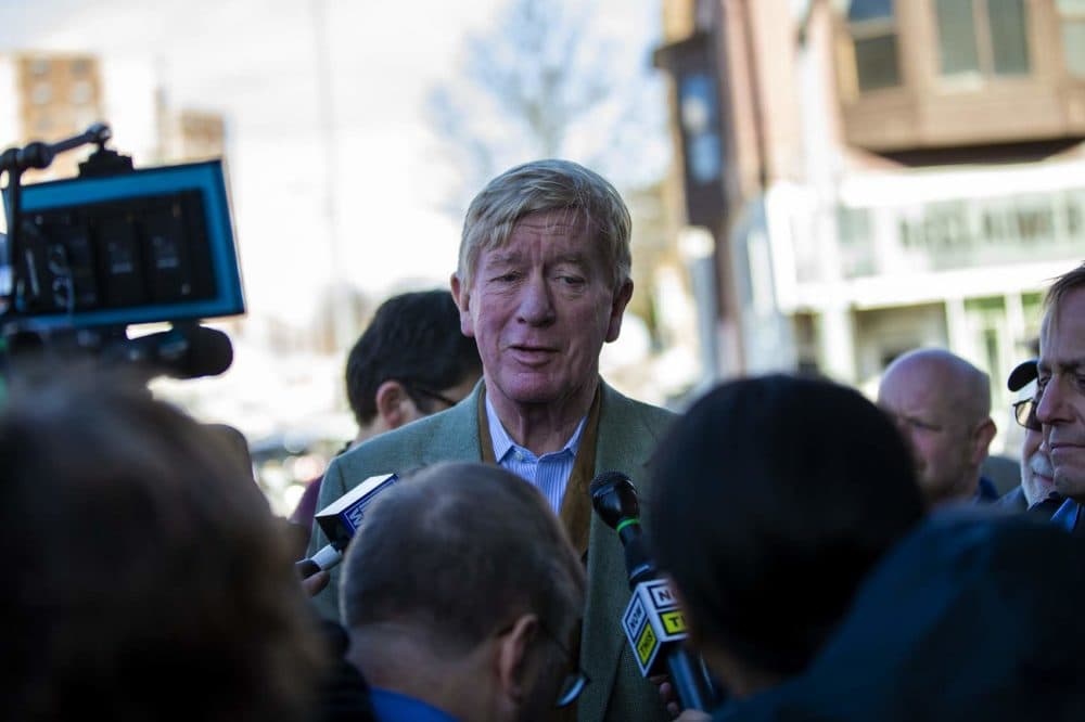 Presidential candidate and former Governor of Mass. William Weld speaks with press outside of RAYGUN in Des Maoines, IA. (Jesse Costa/WBUR)