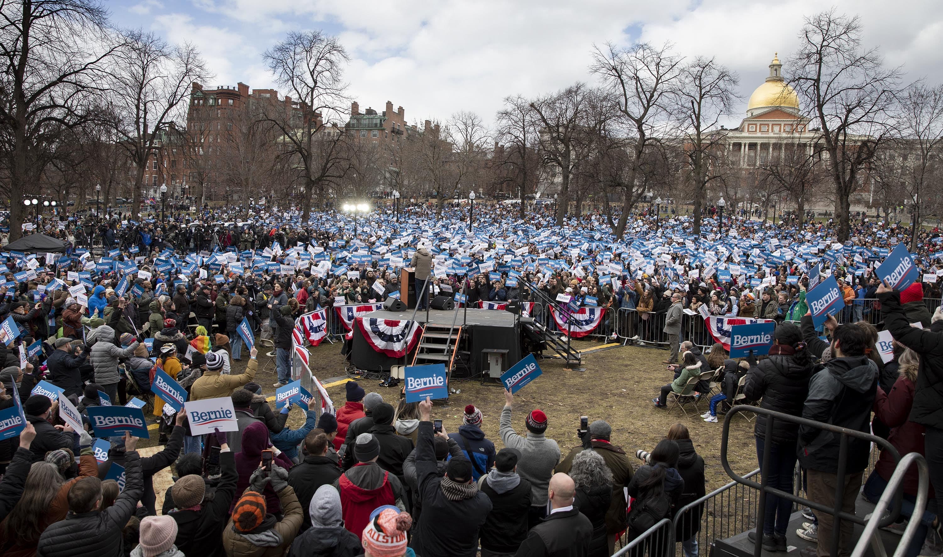 Supporters on Boston Common listen to Bernie Sanders. (Robin Lubbock/WBUR)