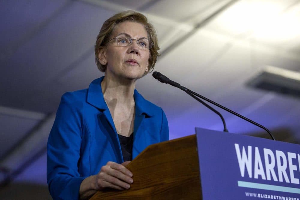 Sen. Elizabeth Warren talks to supporters on primary night in Manchester, N.H. (Robin Lubbock/WBUR)