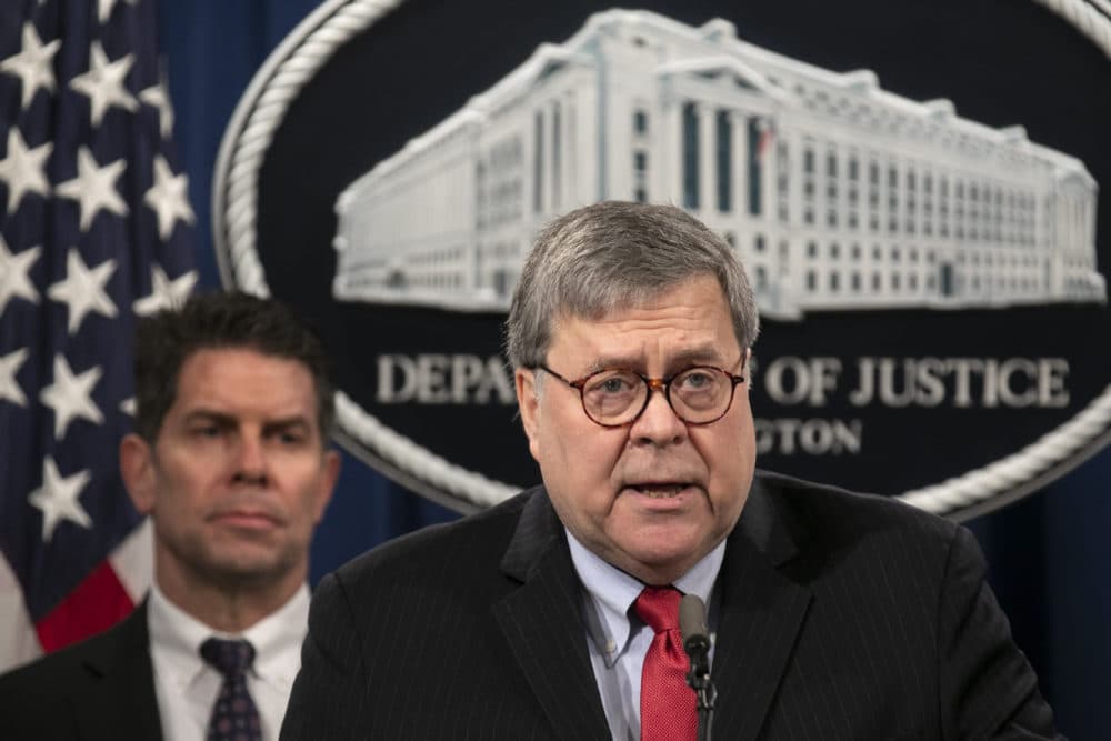 Attorney General William Barr, right, next to FBI Deputy Director David Bowdich, speaks during a news conference, Monday, Feb. 10, 2020, at the Justice Department in Washington. (Jacquelyn Martin/AP)
