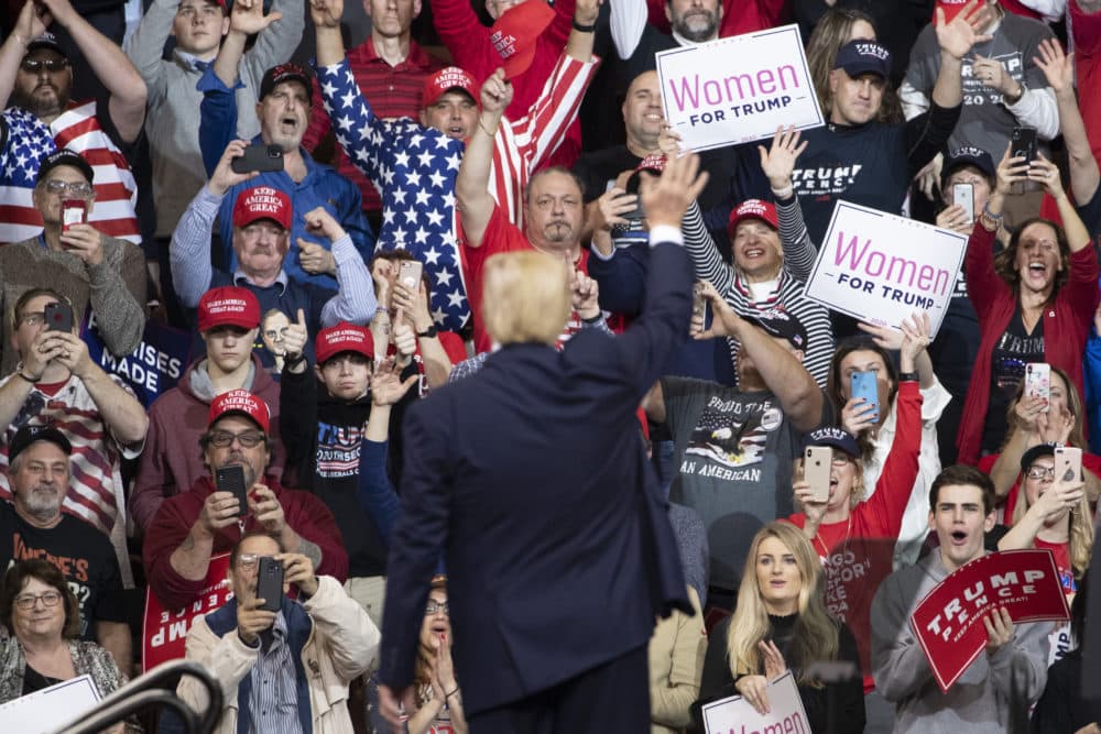 President Donald Trump waves at the audience as he leaves the stage during a campaign rally, Monday, Feb. 10, 2020, in Manchester, N.H. (AP Photo/Mary Altaffer)