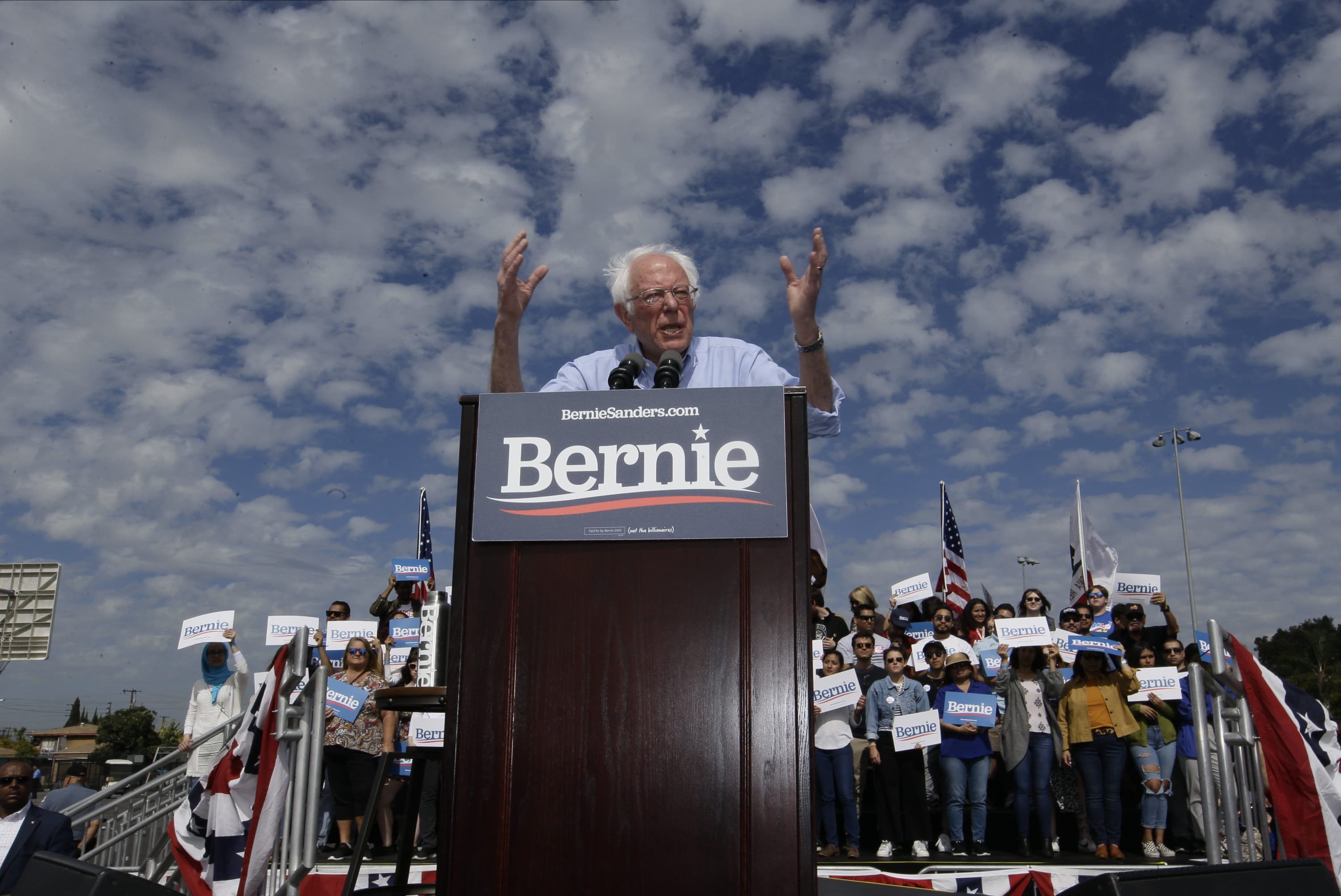 Democratic presidential candidate Sen. Bernie Sanders speaks at a campaign event at Valley High School in Santa Ana, Calif., Friday, Feb. 21, 2020. (Damian Dovarganes/AP)