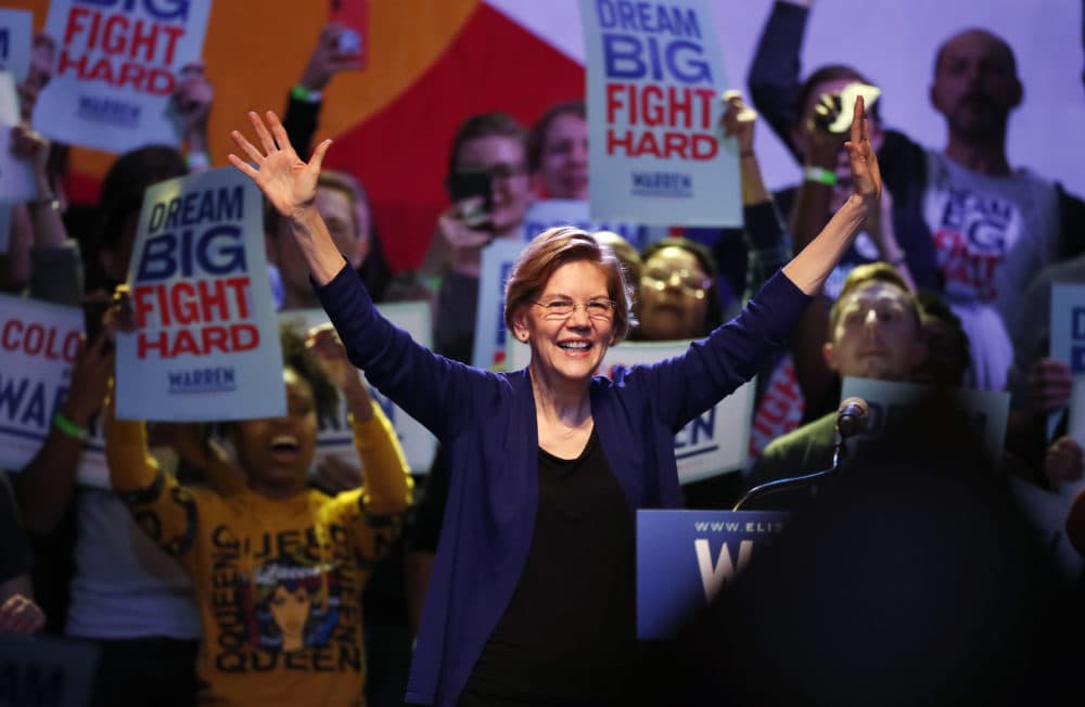 Democratic presidential candidate Elizabeth Warren reacts to audience members during a campaign rally Sunday, Feb. 23, 2020, in Denver. (David Zalubowski/AP)