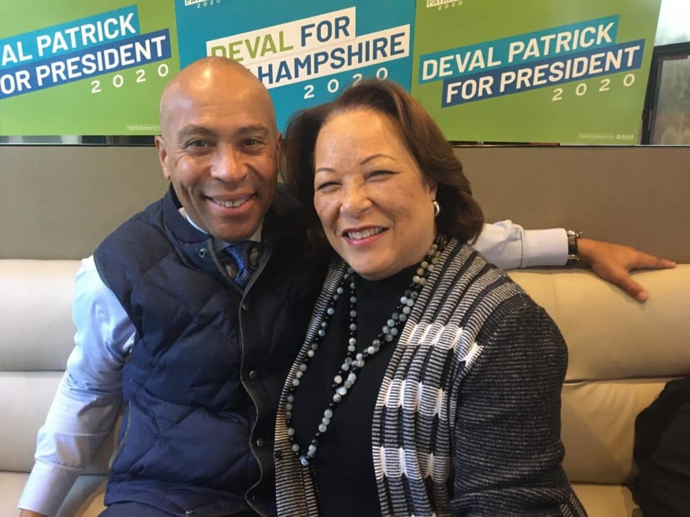 Deval and Diane Patrick sitting on the Patrick campaign bus in Greenland, New Hampshire. (Nancy Eve Cohen/NEPR)