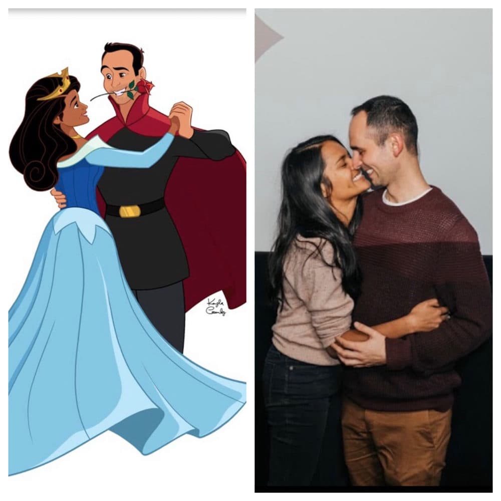 (Left) Sthuthi David and Lee Loechler as illustrated by Kayla Coombs. (Right) Sthuthi and Lee at the Coolidge Corner Theatre in Brookline, Mass. after getting engaged during a screening of &quot;Sleeping Beauty.&quot; (Courtesy Jaclyn and Andrew Taylor)