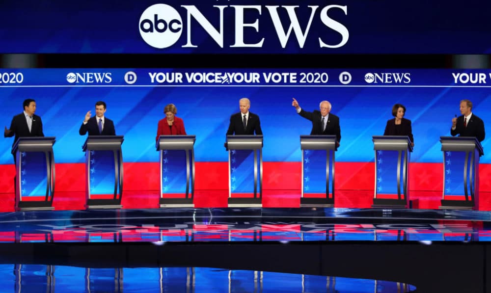Presidential candidates participate in the Democratic presidential primary debate on February 7, 2020 in Manchester, New Hampshire. (Joe Raedle/Getty Images)