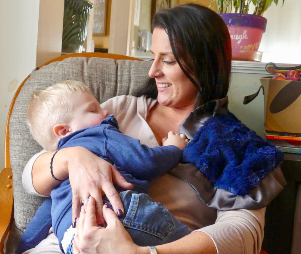 Hope on Haven Hill Treatment Center resident Lauren and her son Rory. (Karyn Miller-Medzon/Here & Now)