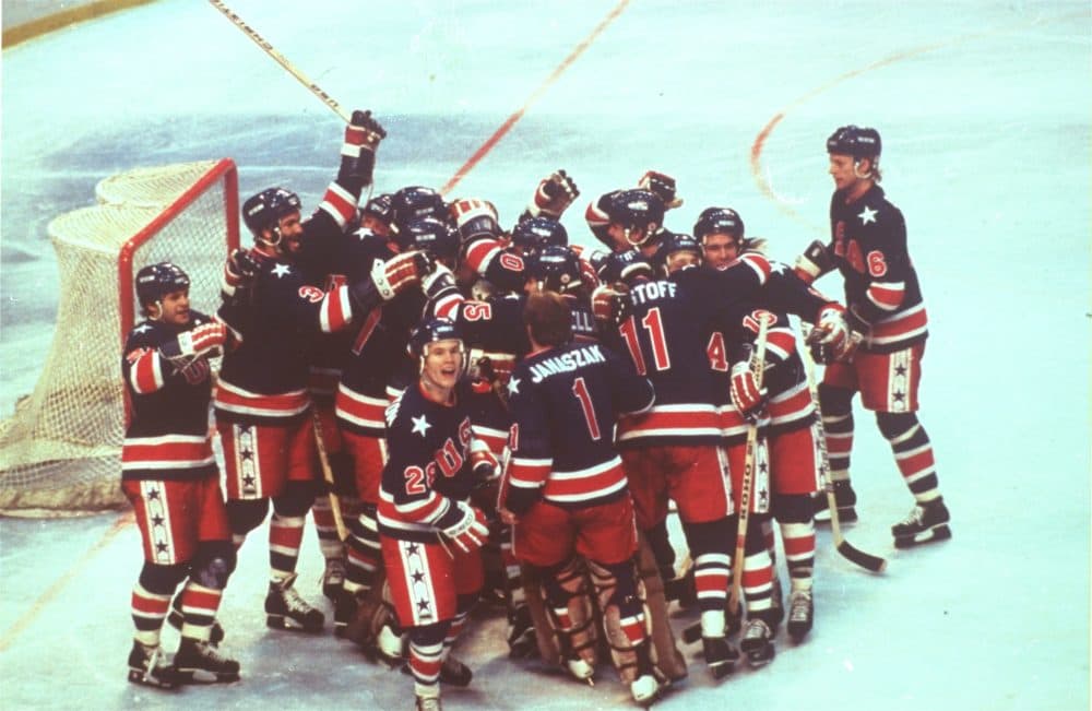 The U.S. hockey team celebrates victory over Finland to win the gold medal, February 23, 1980, at the Winter Olympics, Lake Placid, N.Y. (AP Photo)