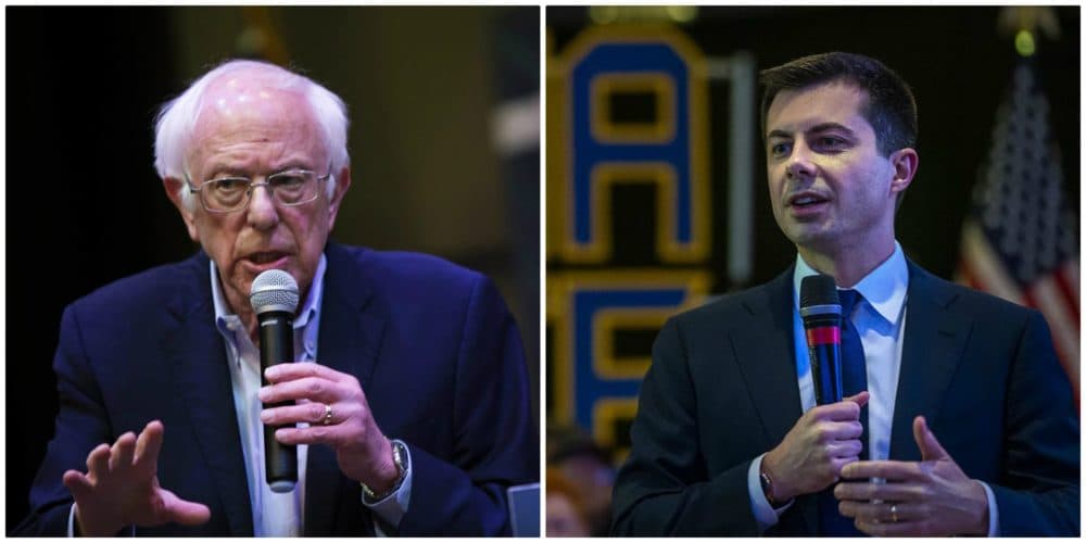 Democratic presidential candidates Sen. Bernie Sanders, left, and Pete Buttigieg. (Jesse Costa/WBUR)