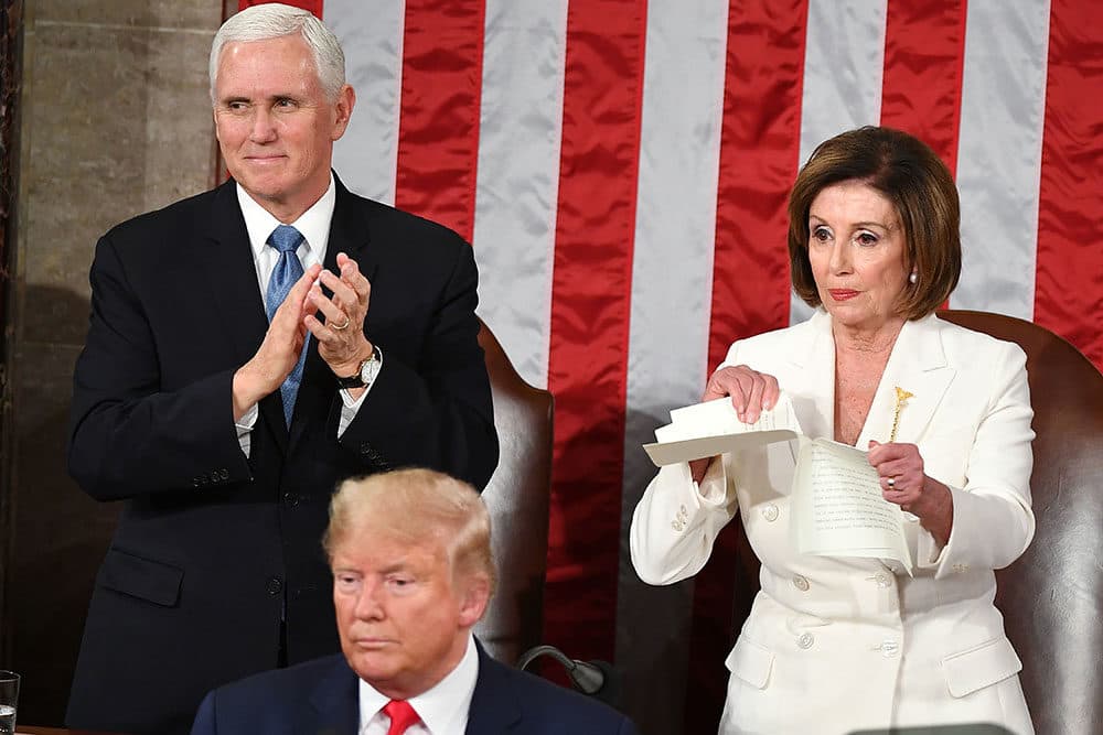 Speaker of the U.S. House of Representatives Nancy Pelosi rips a copy of US President Donald Trumps speech after he delivered the State of the Union address at the US Capitol in Washington, DC, on February 4, 2020. (MANDEL NGAN/AFP via Getty Images)
