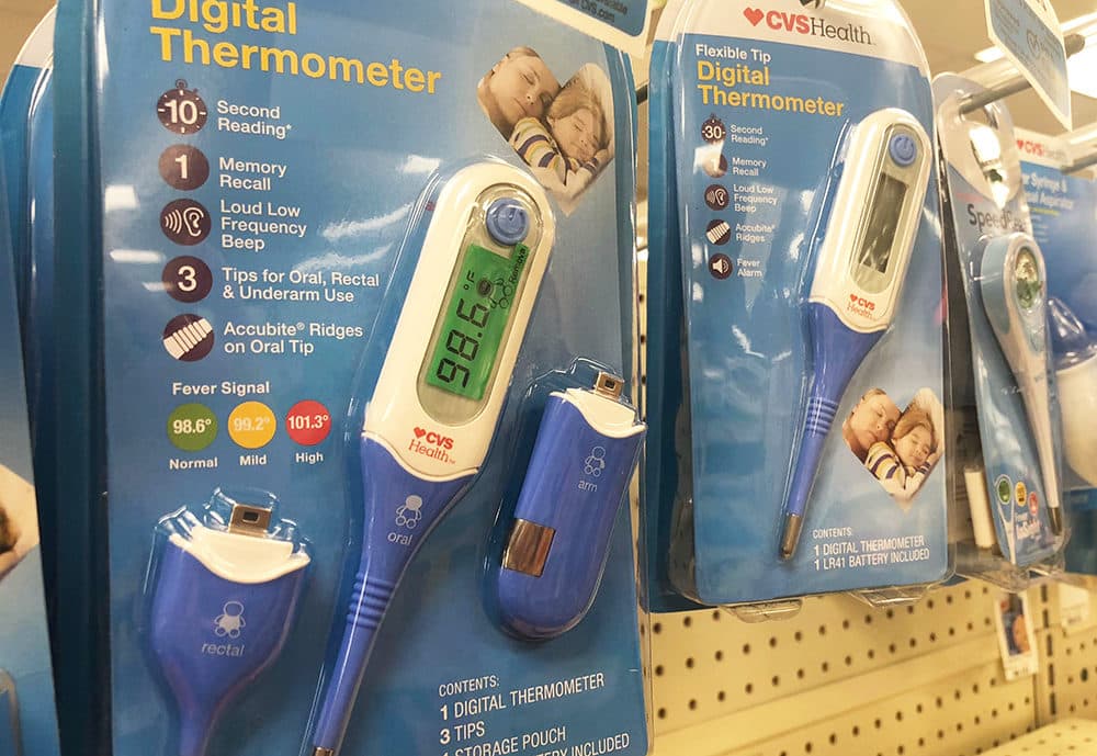 Digital thermometers at CVS Pharmacy. (Here & Now)