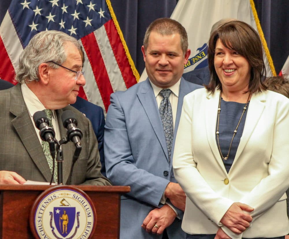 Rep. Michael Day (center) at a 2018 press conference with Speaker Robert DeLeo and Rep. Claire Cronin (right). (Sam Doran/SHNS File Photo)