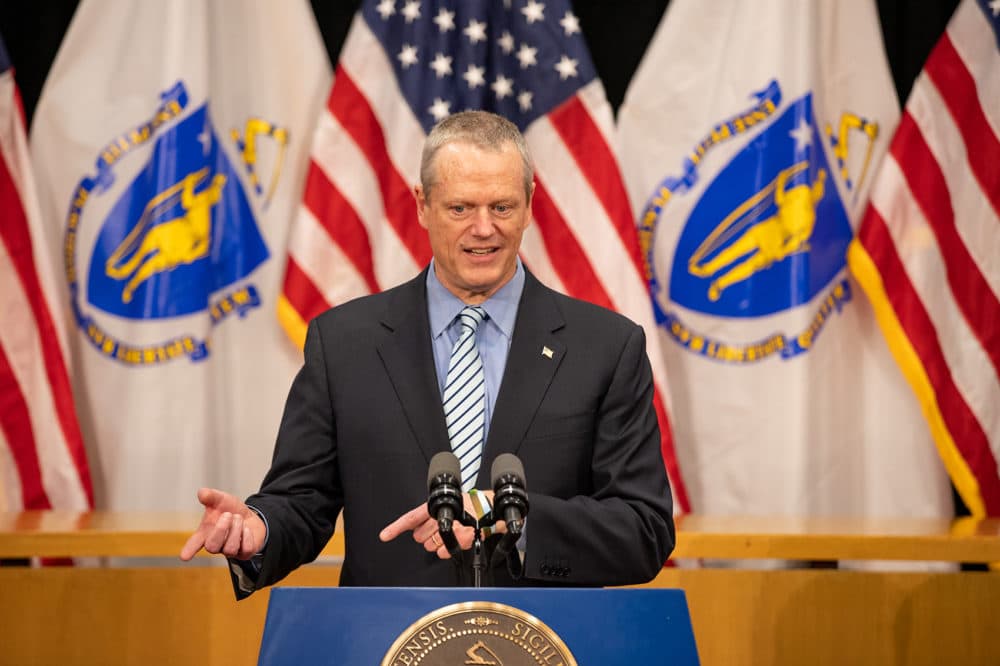 Gov. Charlie Baker announced a new measure Wednesday extending the state's three-week school closure through at least May 4. (Sam Doran/State House News Service)