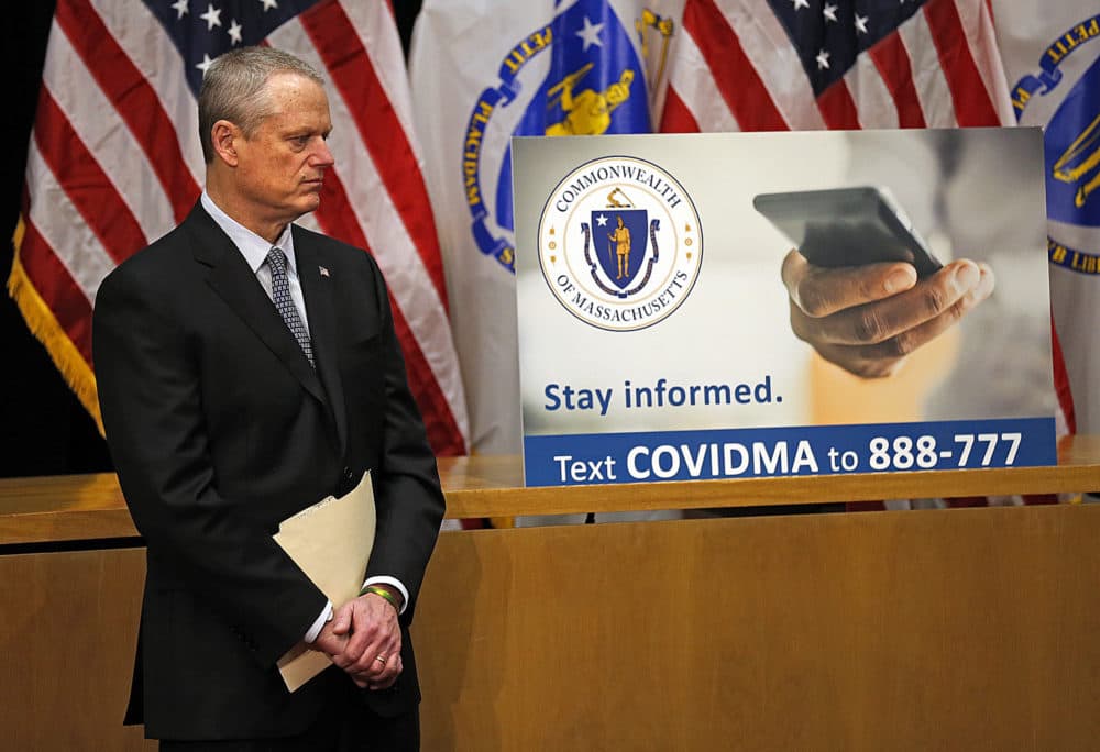 Gov. Charlie Baker pauses during his daily news briefing in the Gardner Auditorium at the State House as the coronavirus continues to spread on March 24. ( Matt Stone/MediaNews Group/Boston Herald)