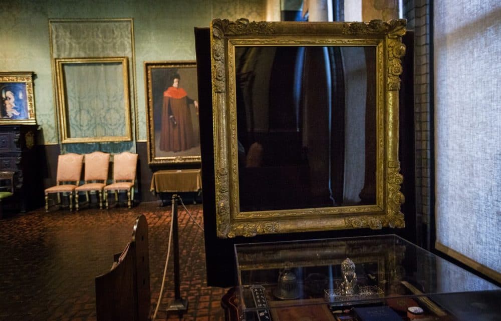 The empty frame of Vermeer's &quot;The Concert&quot; in the Dutch Room of the Isabella Stewart Gardner Museum. (Jesse Costa/WBUR)