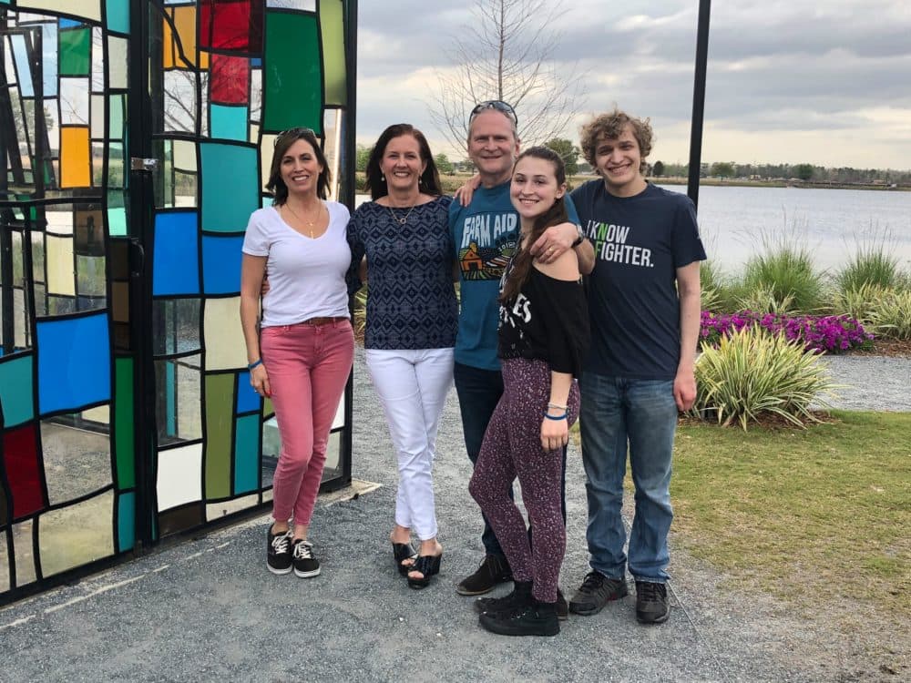 Connie Sorman, Nancy Kinnally and their families meet in Orlando in March 2019. (Courtesy Nancy Kinnally)