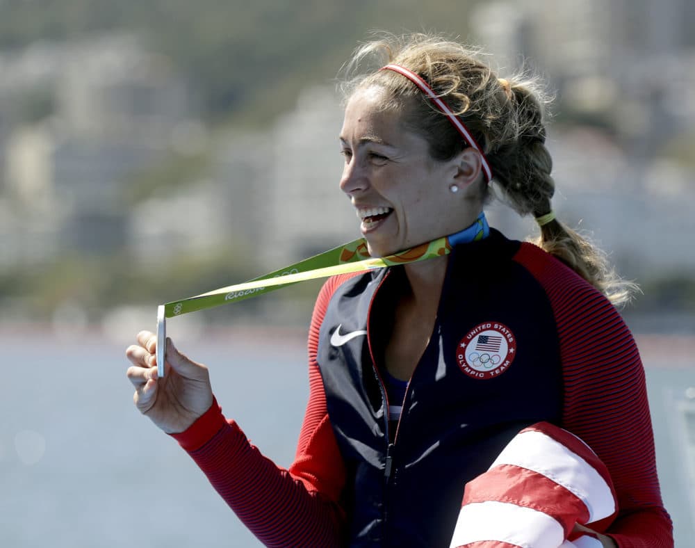 Gevvie Stone, of United States, smiles after receiving her silver medal in the women's single sculls during the 2016 Summer Olympics in Rio de Janeiro. (AP Photo/Luca Bruno)