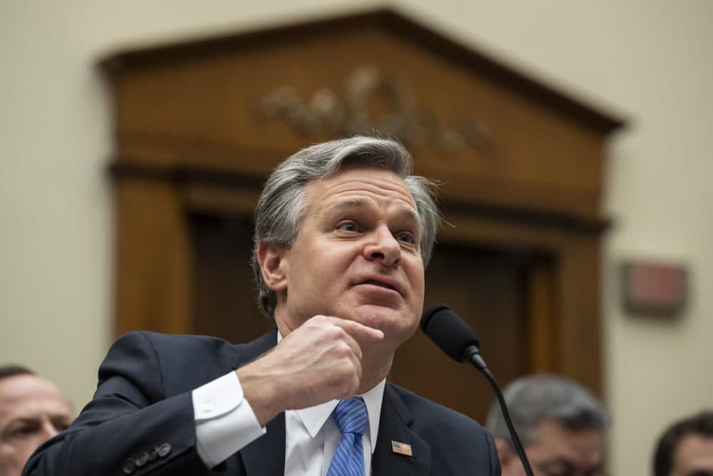 FBI Director Christopher Wray, pictured at a congressional hearing last month, spoke at Boston College Wednesday. (Alex Brandon/AP)