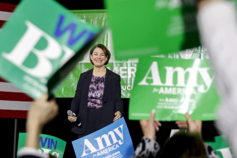 Democratic presidential candidate Sen. Amy Klobuchar, D-Minn., gestures as she finishes speaking at a rally at the State Theatre, Friday, Feb. 28, 2020, in Falls Church, Va. (Andrew Harnik/AP)