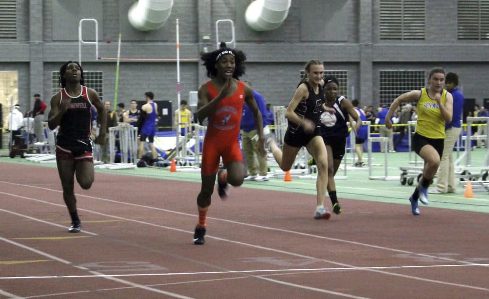 In this Feb. 7, 2019 file photo, Bloomfield High School transgender athlete Terry Miller, second from left, wins the final of the 55-meter dash over transgender athlete Andraya Yearwood, far left, and other runners in the Connecticut girls Class S indoor track meet at Hillhouse High School in New Haven, Conn. (Pat Eaton-Robb/AP File Photo)