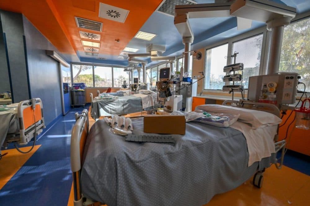Patients' beds at the new level intensive care unit for coronavirus cases at the Casal Palocco hospital near Rome. (Andreas Solaro/AFP/Getty Images)