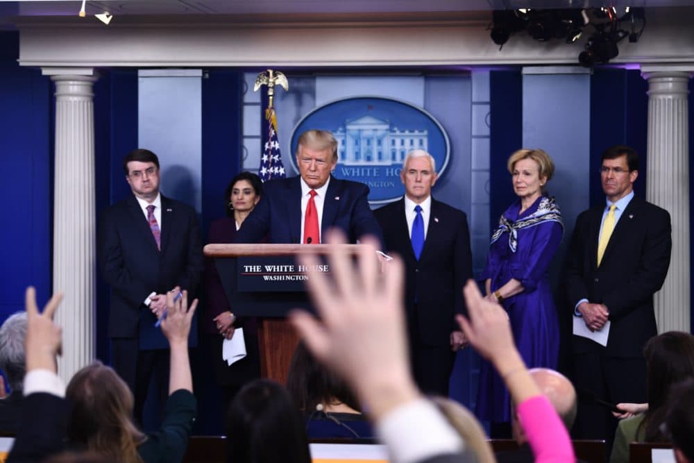 U.S. President Donald Trump takes a question during the daily briefing on the novel coronavirus, COVID-19, at the White House on March 18, 2020, in Washington, DC. Trump ordered the suspension of evictions and mortgage foreclosures for six weeks as part of the government effort to ease the economic pain from the coronavirus pandemic. (BRENDAN SMIALOWSKI/AFP via Getty Images)