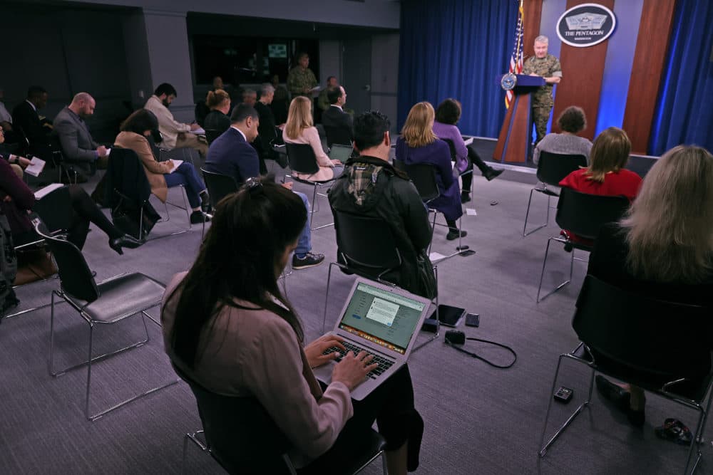 Because of the threat of transmission of the novel coronavirus (COVID-19), the Pentagon is exercising social distancing by keeping reporters' chairs four feet apart from each other during briefings. (Chip Somodevilla/Getty Images)
