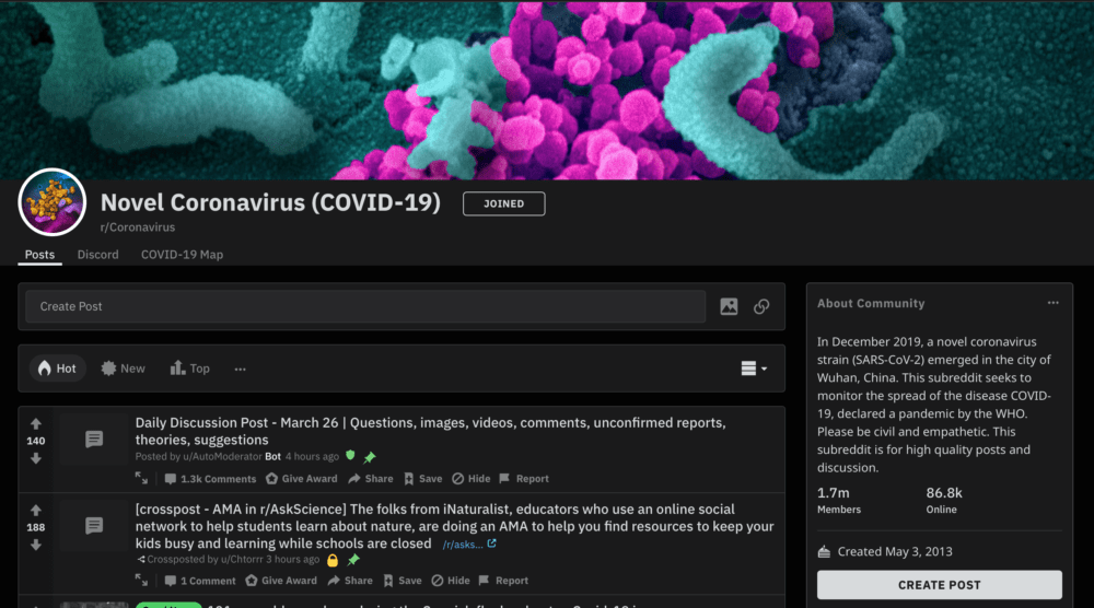 Reddit's coronavirus community