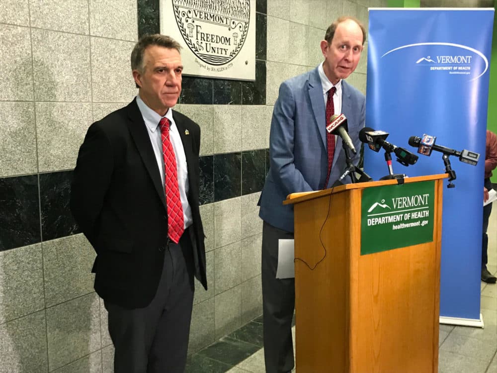 Gov. Phil Scott and Vermont Health Commissioner Mark Levine called a last-minute press conference Thursday to announce two elderly Vermonters have died from COVID-19. (Henry Epp/VPR)