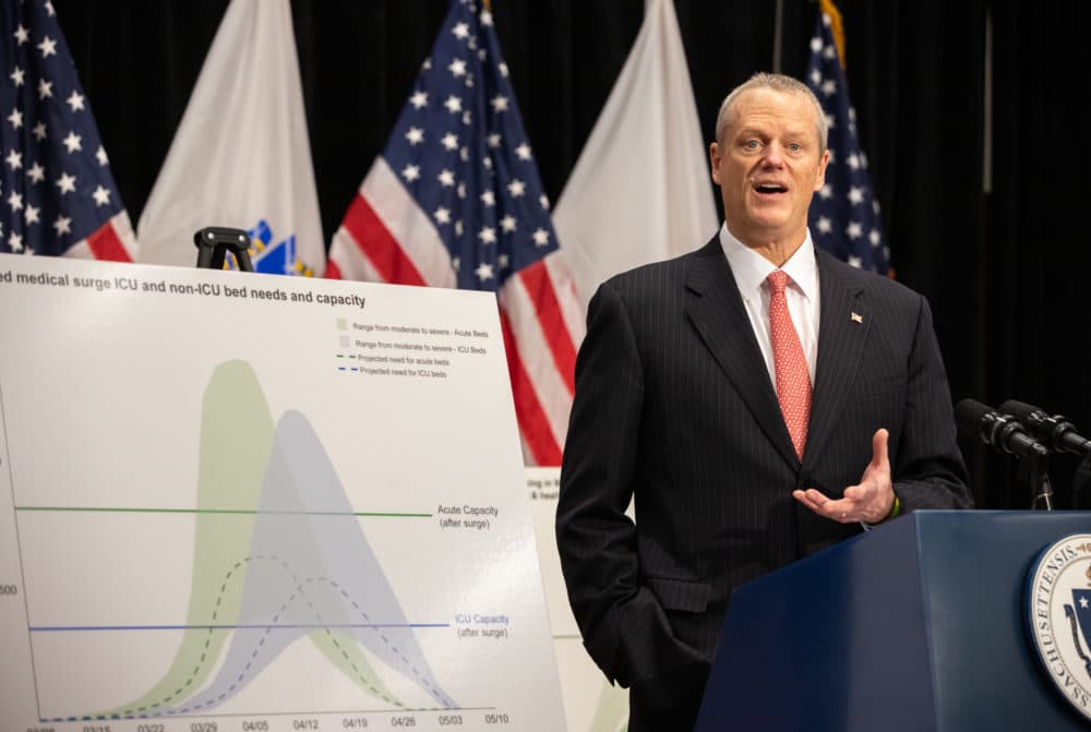 Gov. Charlie Baker on Thursday gives an update on the expected surge of coronavirus patients. (Sam Doran/State House News Service)