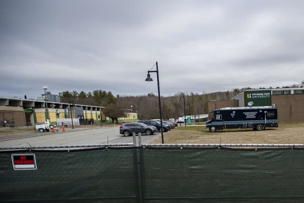 A temporary morgue is being staged at Fitchburg State University's Landry Arena should the need arise if the COVID-19 death toll accelerates or if staff become less available. (Jesse Costa/WBUR)