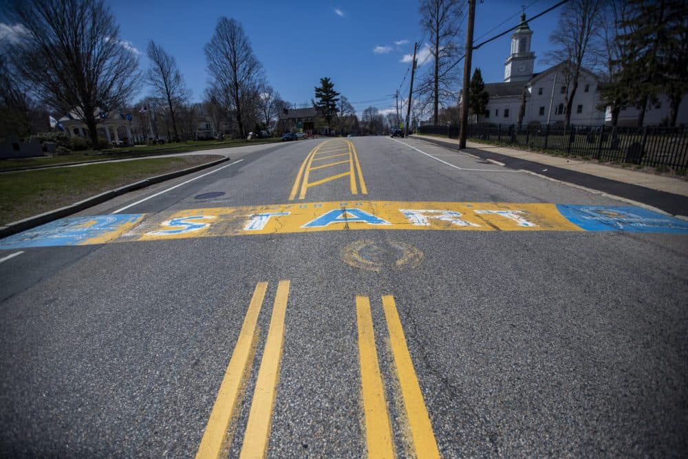 It's the Friday before the original -- now postponed -- date of the Boston Marathon. Under ordinary circumstances, there would be plenty of vendors and a huge police presence in Hopkinton, where the starting line is located. Today, there's practically no activity. (Jesse Costa/WBUR)